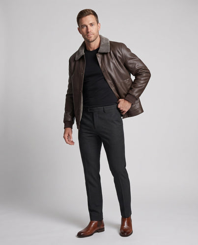 Herren Blouson aus künstlichem Leder mit Nadelstreifen-Look und Teddy-Futter drune