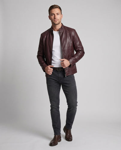Herren Leder-Look Pilotenjacke mit Stehkragen und Reißverschluss-Taschen drune