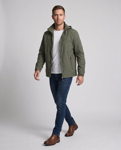 Leichte Utility-Jacke für Herren mit Kapuze, verdecktem Reißverschluss und Brusttasche drune