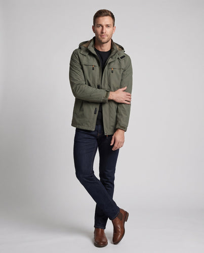 Leichte Herren-Hoodie-Canvas-Jacke mit verdecktem Reißverschluss vorne und Brustreißverschlüssen drune