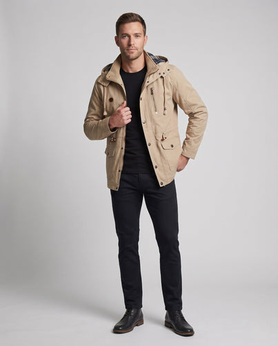 Leichte Herren-Hoodie-Canvas-Parka mit Kordelzug, Klapptaschen und Reißverschluss-Brusttasche drune
