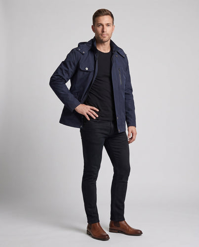 Leichte, wasserabweisende Kapuzenparka aus Canvas für Herren mit verdeckter Druckknopfblende und zippered Brusttasche drune