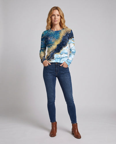 Damen Langarmshirt mit abstraktem Marmorprint und schimmernden Goldakzenten Drune