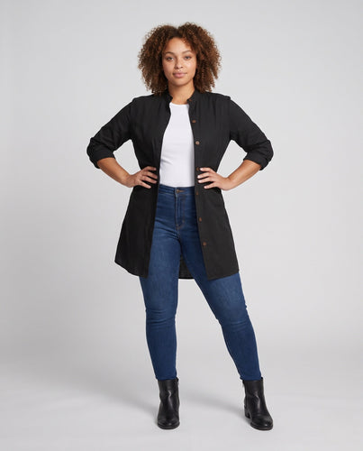 Frauen leichte Leinen-Look lange Jacke mit Stehkragen und Holzknöpfen Drune