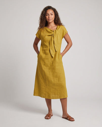 Damen Maxi-Kleid aus Leinen mit dekorativem Bogen und kurzen Ärmeln Drune