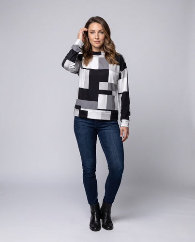 Damen Oversize Langarmbluse mit geometrischem Patchwork-Muster Drune