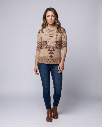 Damen Oversized-Strickpullover mit ethnischer Geometrie, asymmetrischem Kragen und dekorativer Knopfleiste Drune