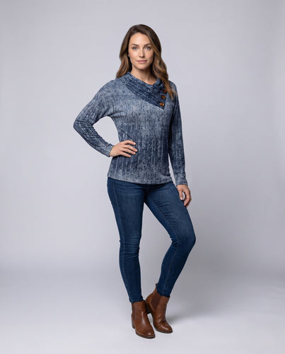 Damen Strukturierte V-Ausschnitt Langarmshirt mit Asymmetrischer Knopfleiste Drune