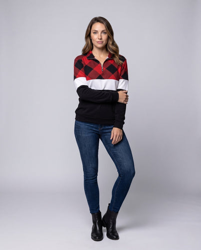 Damen Sweatshirt mit Halbzipper, Karostepp und Kontraststreifen Drune
