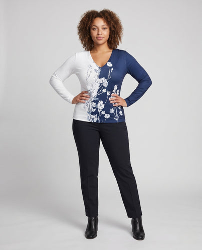 Frauen V-Ausschnitt Langarmshirt mit asymmetrischem Zweifarbblock und Floralprint Drune