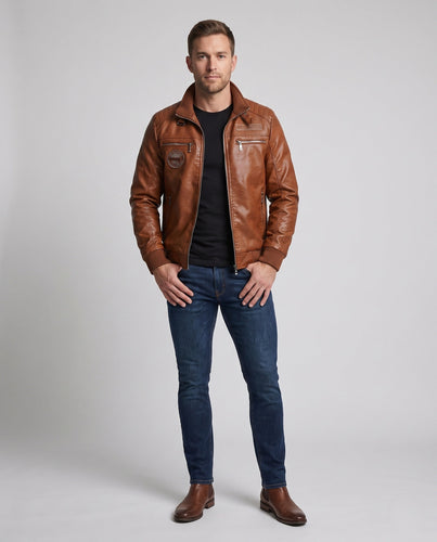 Herren Stilvolle Lederjacke mit Hohem Kragen Drune