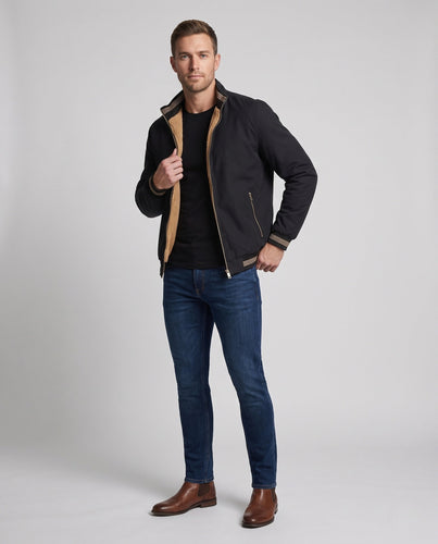 Herren Thermo Bomberjacke im Vintage-Look mit Teddy-Futter und gestreiften Rippbündchen Drune
