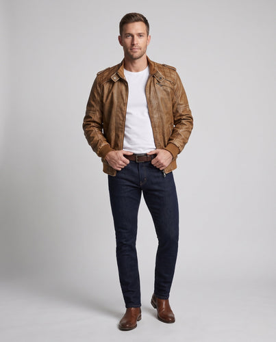Herren Kunstlederjacke im Biker-Stil mit Stehkragen und vertikaler dekorativer Naht Drune