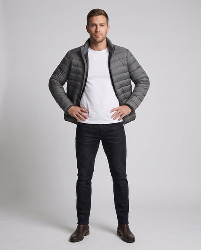 Herren ultraleichte, komprimierbare Steppjacke mit Stehkragen und Packbeutel Drune