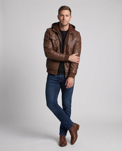 Männer Stylische Kunstlederjacke mit Abnehmbarer Kapuze Drune