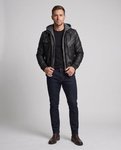 Herren Lässige Lederjacke mit Kapuze Drune