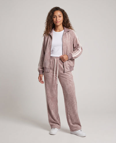 Damen Oversize Samt Effekt Track Bomberjacke mit Hohem Kragen, Kontraststreifen & Rippbündchen drune