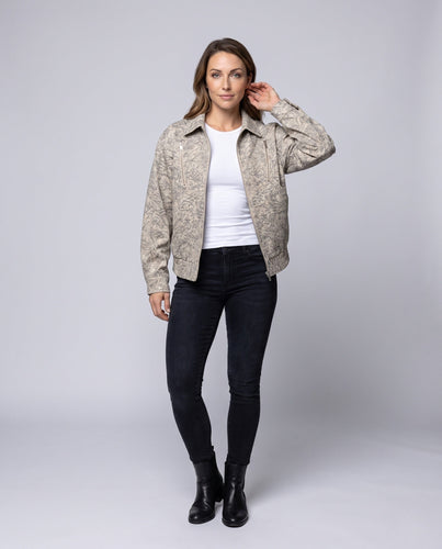 Damen Oversize Strukturierte Bomberjacke mit Stehkragen, Brustreißverschlüssen & Elastischem Saum drune