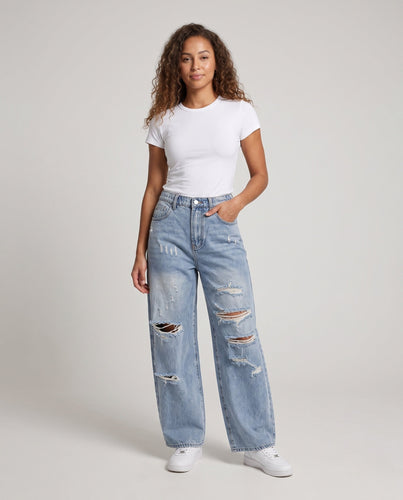 Damenweite zerstörte Baggy-Jeans mit elastischem Bund drune