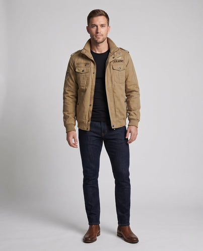 Herren isolierte Feldjacke mit Sherpa-Futter, Utility-Taschen & hohem Stehkragen drune