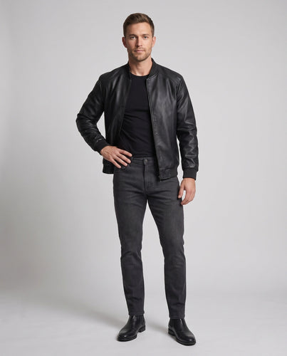 Herren Faux-Leder Bomberjacke mit Teddyfutter & Rippbündchen drune