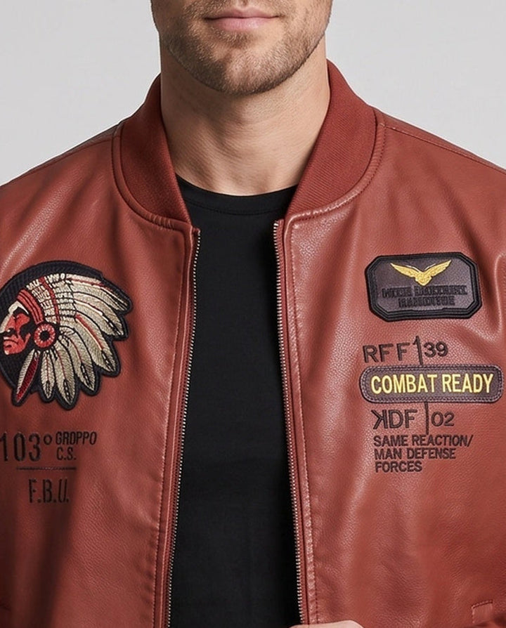 Herren Kunstleder Pilotjacke mit Abzeichenapplikationen & Teddy-Futter drune