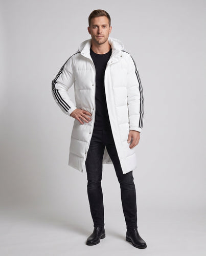 Männer lange gepolsterte Kapuzen-Steppjacke mit sportlichen gestreiften Ärmeln und winddichter Schale drune