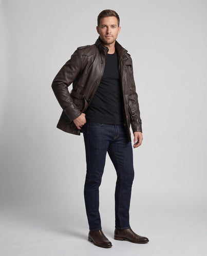 Herren Langer Kunstleder Parka mit Teddy-Futter, Utility-Taschen & Stehkragen drune