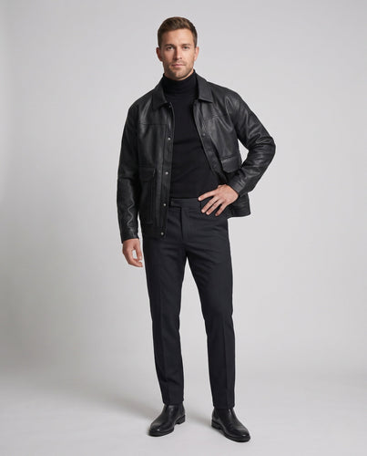 Herrenlederjacke im Worker-Stil mit Druckknopfverschluss und Klappentaschen drune