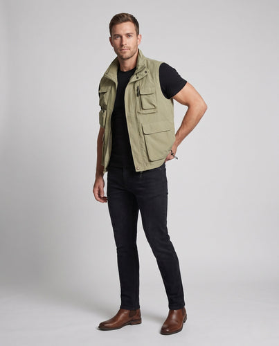 Herren Multifunktionale Utility-Weste mit mehreren Taschen und Stehkragen drune