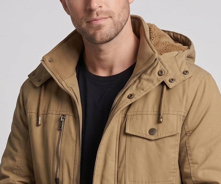 Herren Robust-Canvas-Feldjacke mit Kapuze, Multifachtaschen & tailliertem Schnitt Drune