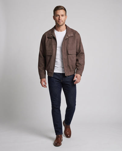 Herren Veloursleder‑Optik Overshirt‑Bomberjacke mit Pattentaschen Drune