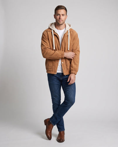Herren Wattierte Cord-Fieldjacke mit gesteppter Innenlage, Kapuze & Teddyfutter Drune