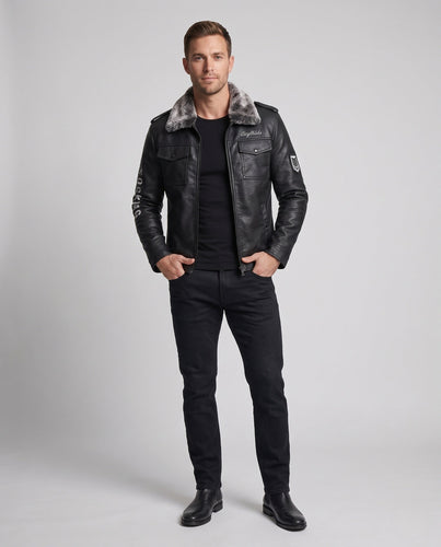 Herren Modische Kunstlederjacke mit Fellkragen Drune