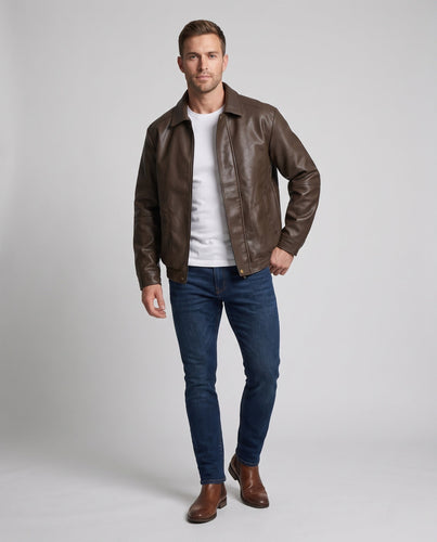Herren Modische Kunstlederjacke mit hochgeschlossenem Kragen Drune