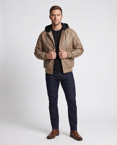 Herren Modische Kunstlederjacke mit Kapuze Drune