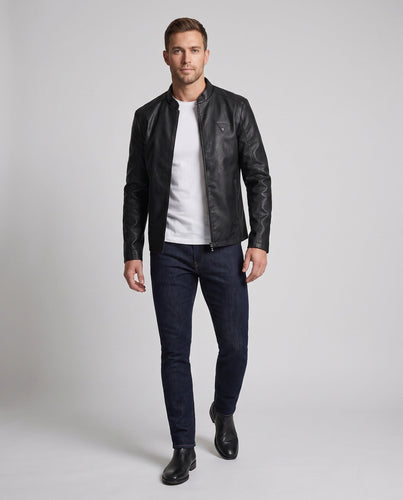 Herren Modische Kunstlederjacke mit Stehkragen und Reißverschluss Drune