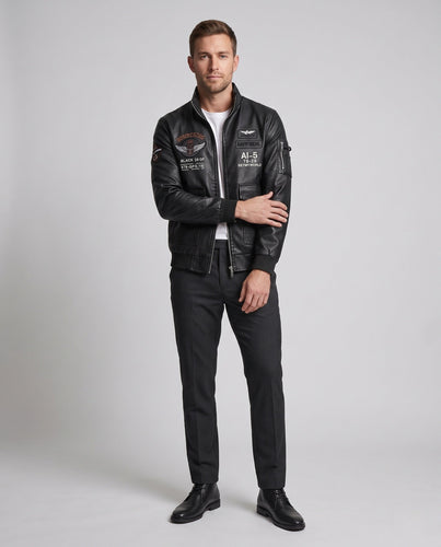 Herren Modische Kunstlederjacke mit Stickereien Drune