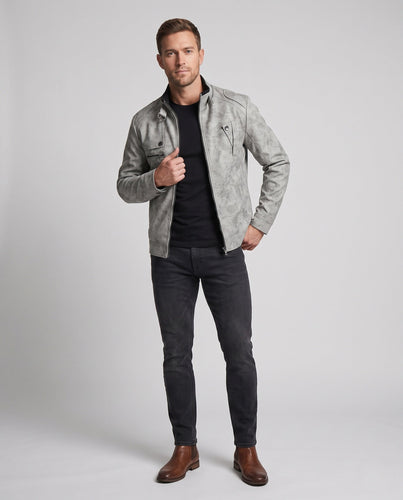 Herren Modische Lederjacke mit Stehkragen Drune
