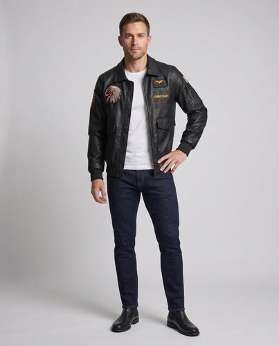 Herren Modische Lederjacke mit Stickereien Drune