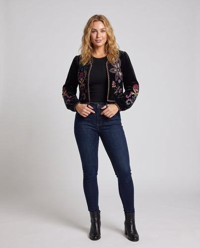 Damen Bestickte Samt-Cropped-Jacke mit floraler Stickerei Drune