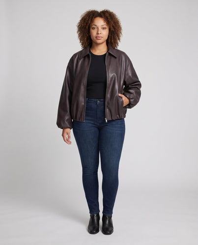 Damen Oversized Lederlook Blouson mit Hemdkragen, Reißverschluss und elastischem Saum Drune