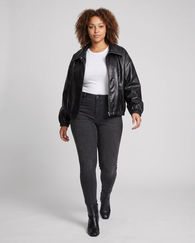 Damen Oversized Kunstlederjacke im Bomberstil mit Tunnelzugsaum Drune