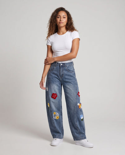 Damen Bunte Bestickte Baggy Jeans Drune