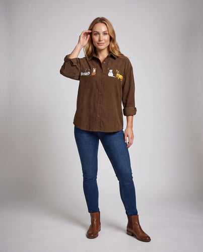 Frauen Gemütliche und Modische Shirt-Bluse mit Katzenstickerei Drune