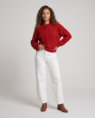 Damen Boxy-Pullover mit Zopfstruktur, Ajour‑Einsatz und weichem Flor Drune