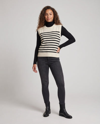 Damen Boxy-Strickpullunder mit maritimem Streifenmuster und feinem Rippkragen Drune