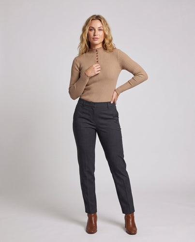 Damen Enganliegender gerippter Rollkragenpullover mit Zierknopfleiste Drune