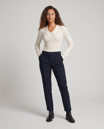 Damen Feiner gerippter Langarmpullover mit flachem Hemdkragen Drune