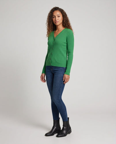Damen Feiner gerippter V‑Neck-Cardigan aus Kaschmir‑Optik mit stretchiger Rippstruktur und Perlmuttknöpfen Drune